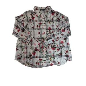 Rachel Roy Collection Floral Plaid Blouse 14W NWT Ivory Red Ruffle Cuff Shirt